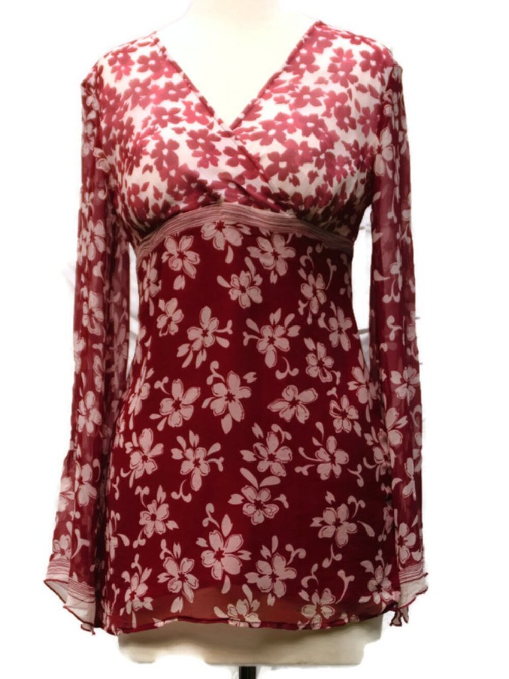 Red and White Floral Silk Blouse, Victoria Holley Vintage Tunic in US4